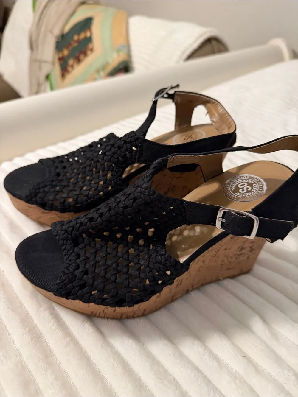 SO Black Woven Slingback Wedge Sandals
